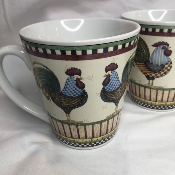 Debbie Mumm Rooster Mugs 4 Something to Crow About Stoneware Sakura Oneida 12 oz - Picture 2 of 12